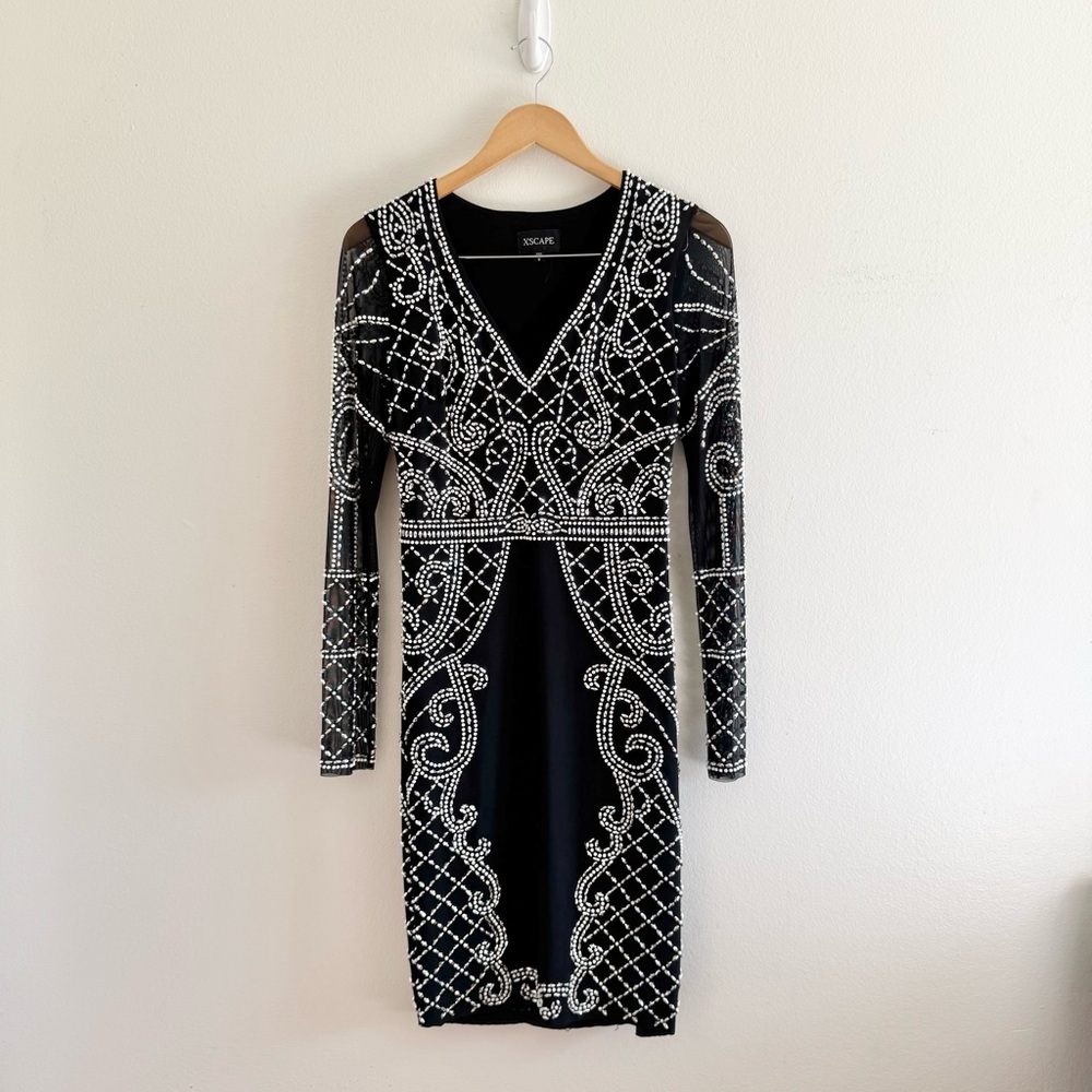 XSCAPE Black Long Sleeve White Silver Bead Embellishment Dress size 8